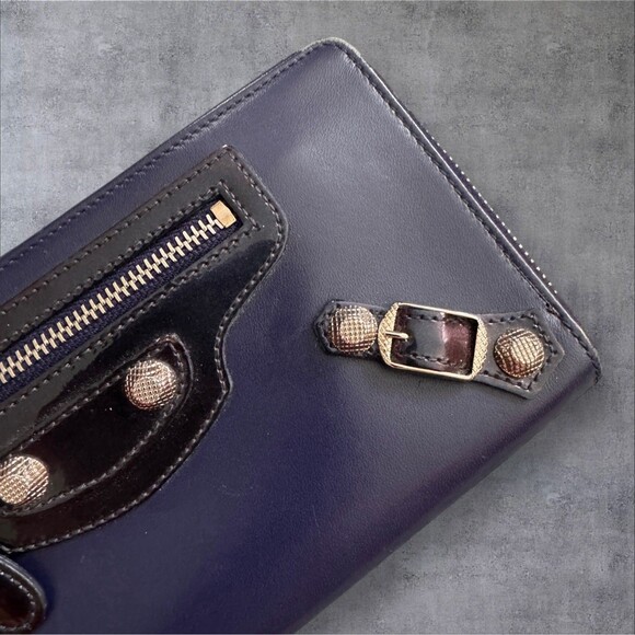 BALENCIAGA Purple Leather & Patent Leather Silver Stud Zip Around Wallet - Picture 9 of 10